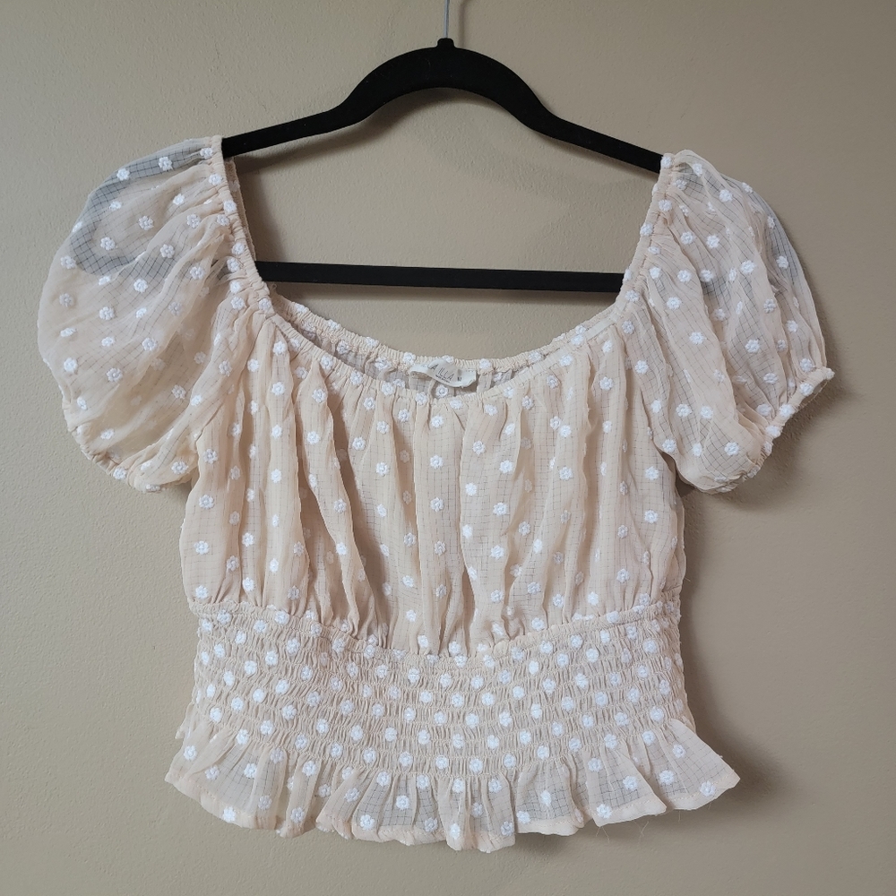 ILLA ILLA |  Off the shoulder Sheer garterized Embroidered Flowers crop top